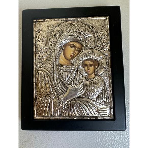Unbranded Other - Byzantine Greek Orthodox 950 Pure Silver Icon Virgin Mary Child Jesus 6x5